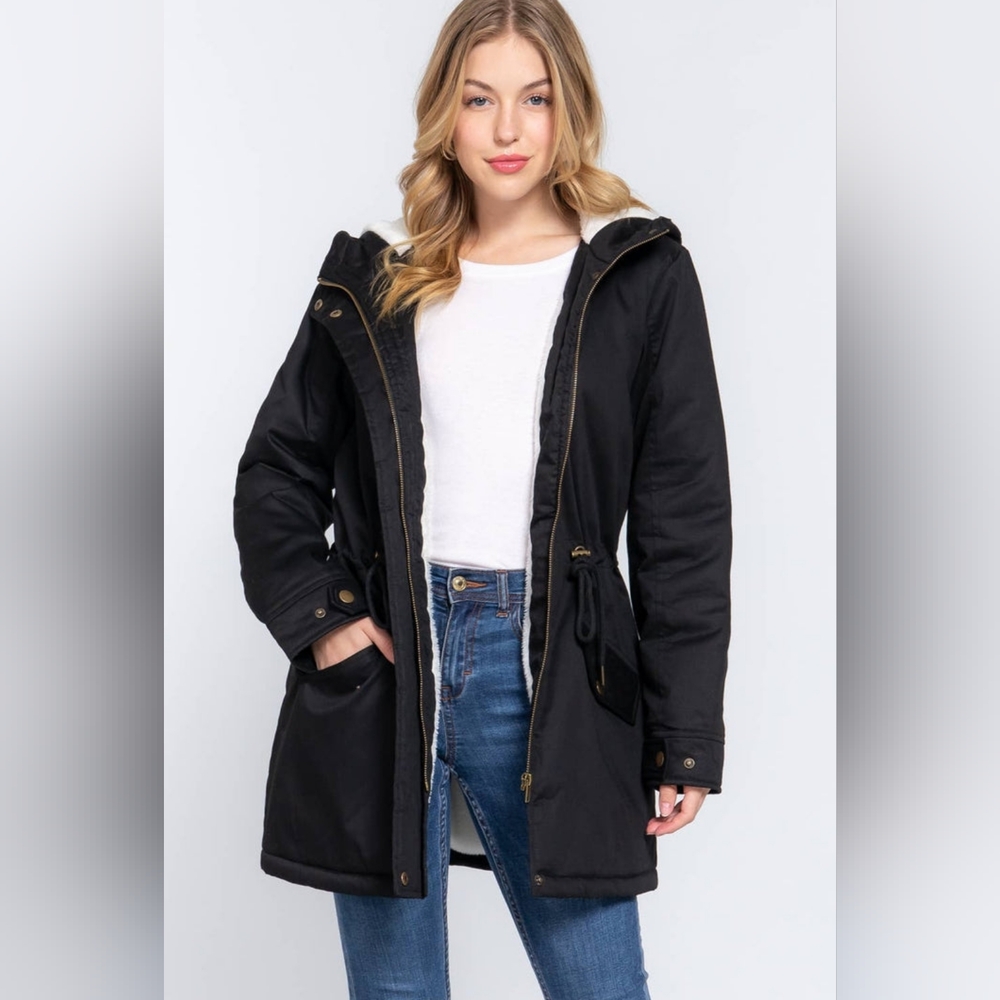 Black Fleece Lined Button Down Jacket w/ Fur Hood Women
